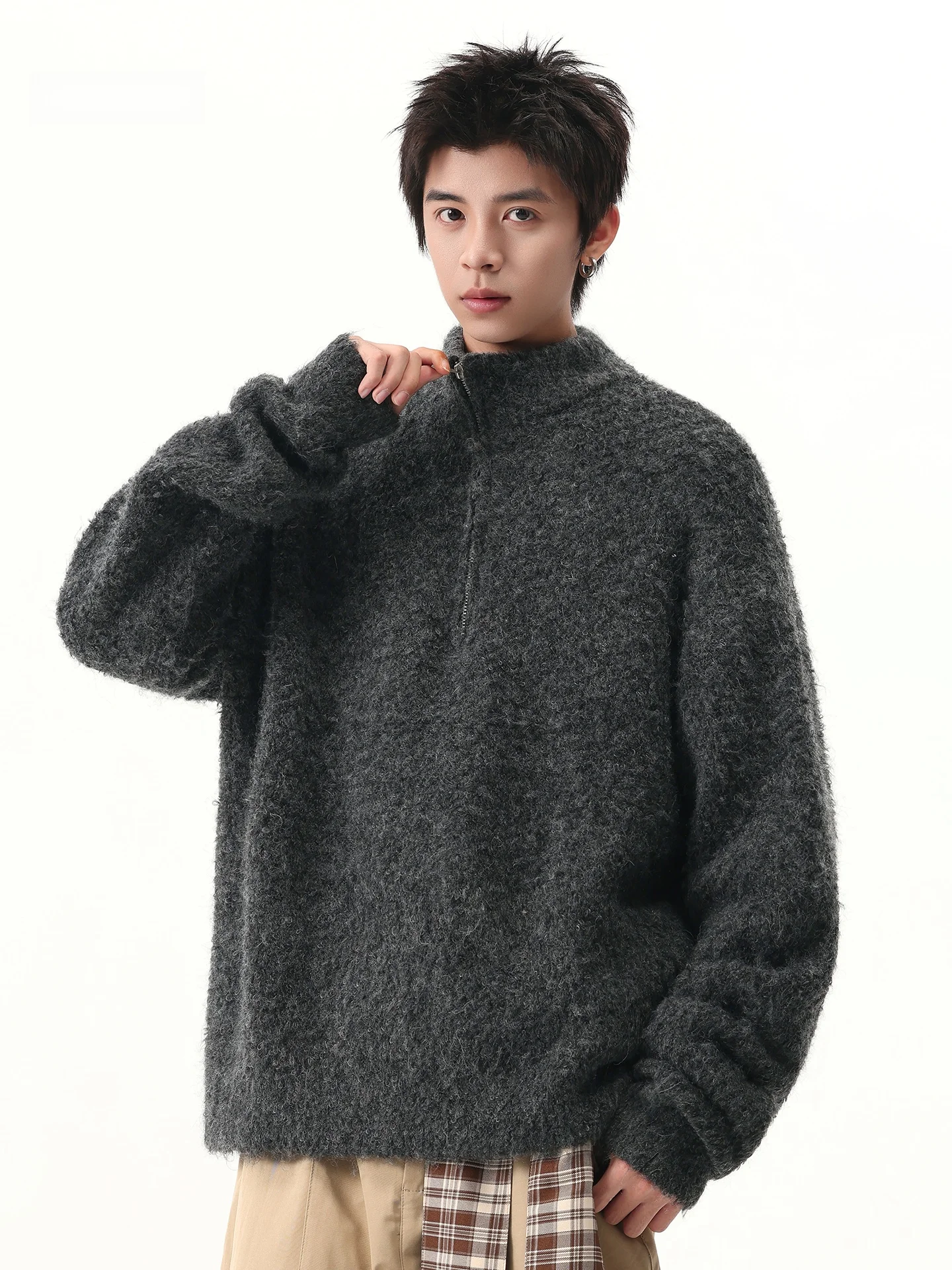 

Мужской повседневный свободный свитер на молнии American Style, утепленный, вязаный, зимний, однотонный, из полиэфирного волокна