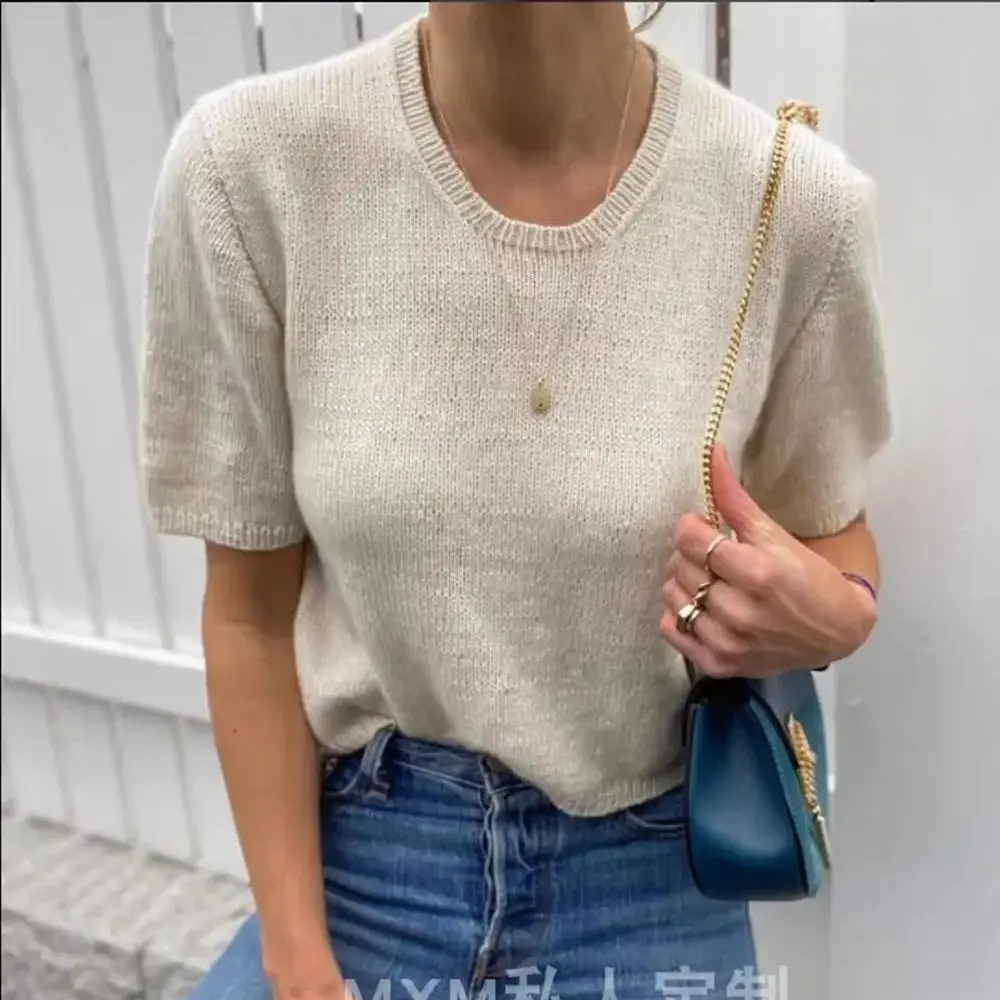 spring A celebrity Short Sleeve Round Neck Sweater for Women, Knitwear Top, Simple Style, High End, Summer, New, 2024