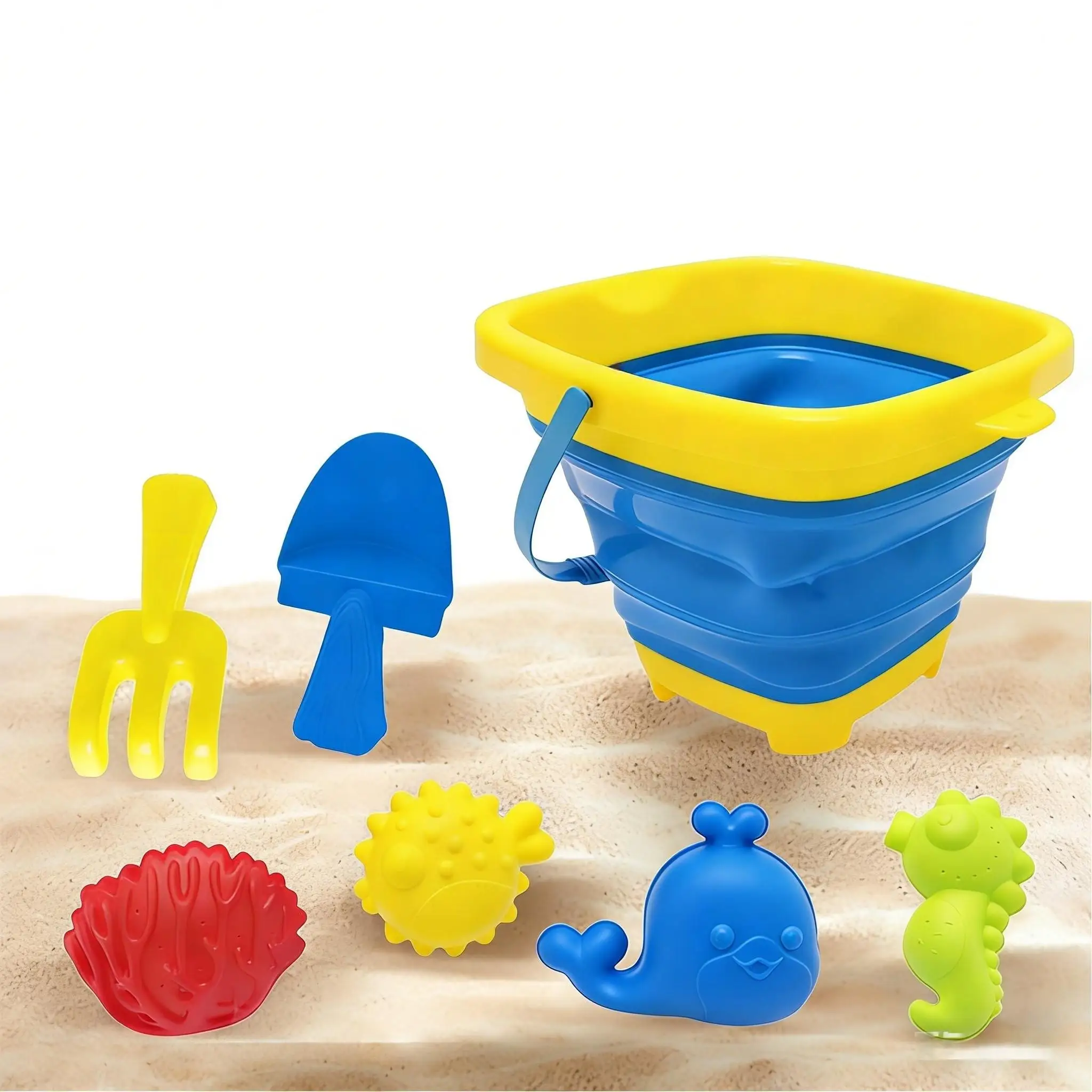 Portable Beach Toy Kit, Foldable Buckets Shovels Sand Molds, Summer Beach Vacation Outdoor Play Set
