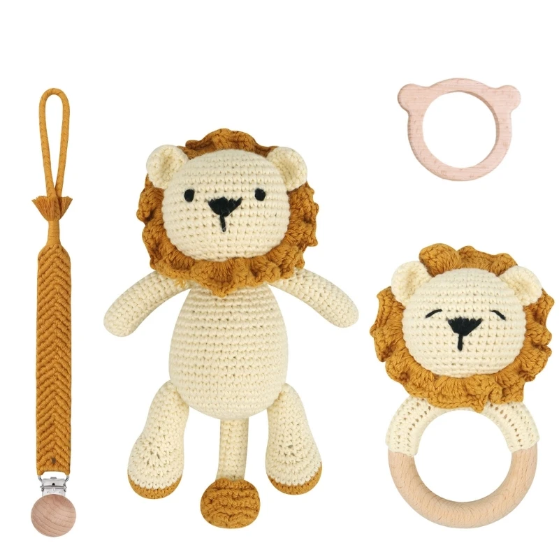 1/4pcs Handmade Crochet Baby Lion Animal Stuffed Dolls Newborn Lion Rattle Toy Wooden Lion Teething Ring Pacifier Chain Clips