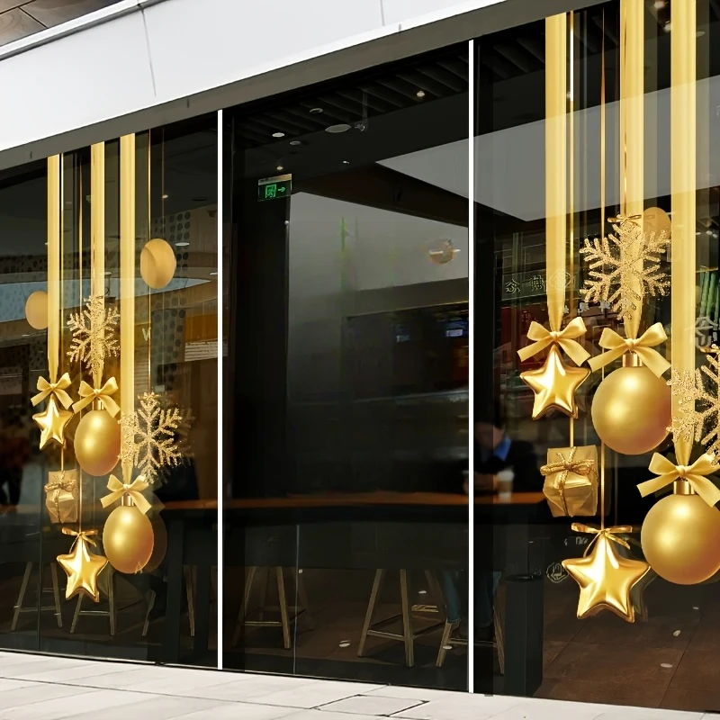 1PC Gold Shiny Snowflake Star Christmas Window Cling, PET Static Reusable Removable Holiday Glass Decal for Shop Home
