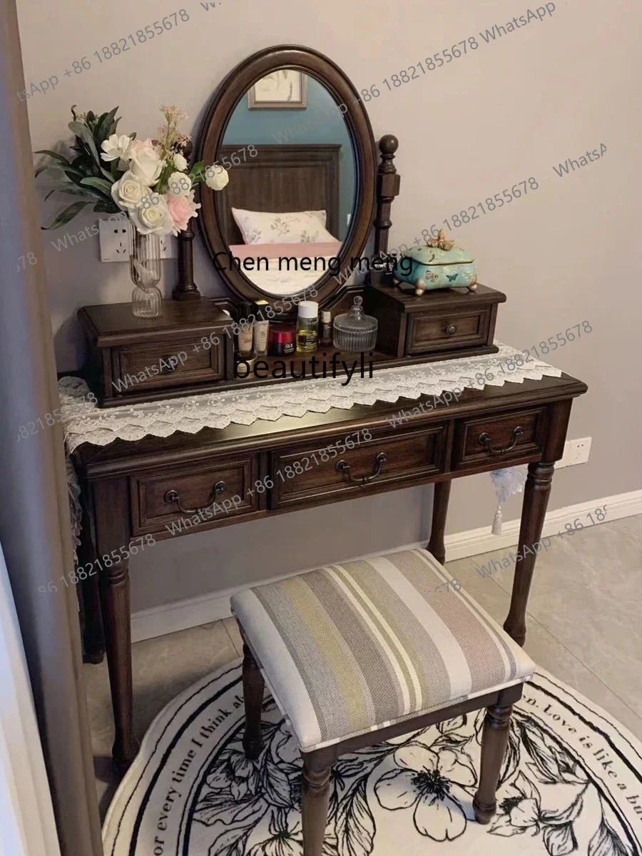 

E153 American Country Solid Wood Dressing Table French Retro Makeup Table Small Apartment Bedroom Dressing Table with Storage B