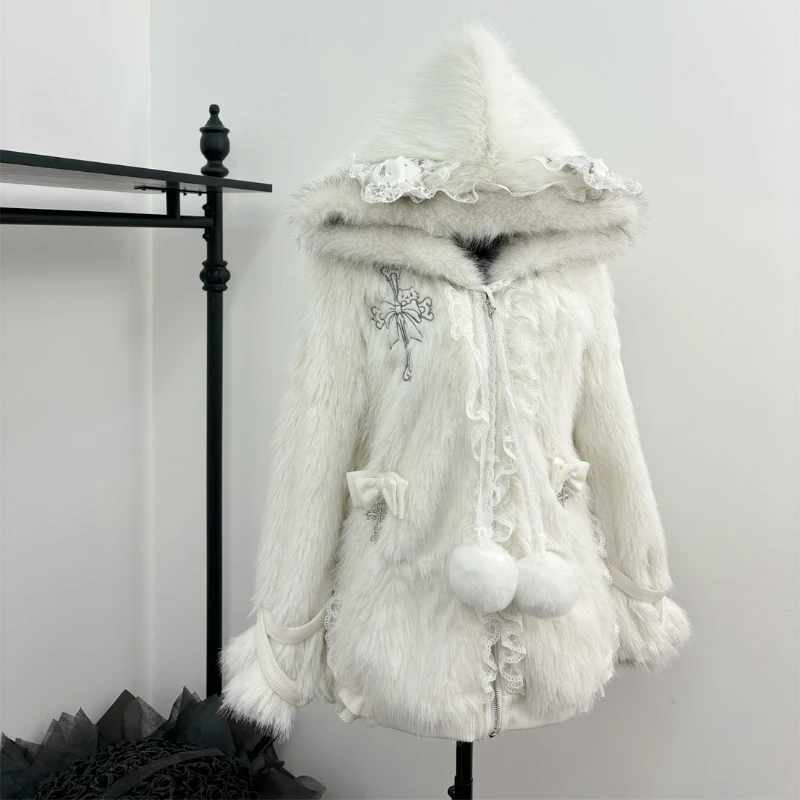 

Winter Japanese Sweet Plush Warm Coat Woman Hooded Y2k Princess White Cute Zipper Sweatshirt Female Pocket Chic Harajuku Outfits