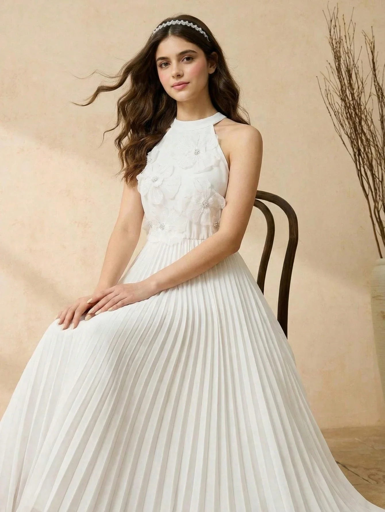 White Halter Neck Pleated Floral Embellished Evening Party Dress