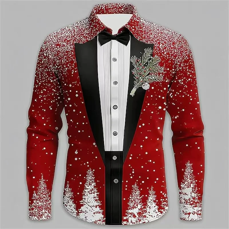 2025 Heren Kerst Sneeuwvlok Formeel Overhemd, 3D Gedrukt Stropdas Ontwerp, Elegante Smoking Stijl, Vakantie Feest Bruiloft Kledij, Lentekleding