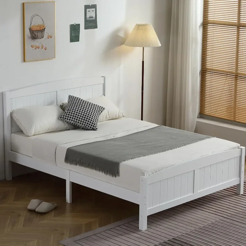 

Headboard Bedroom Platform Bed with Footboard, 12 Wood Slat Support, No Box Spring Needed, White