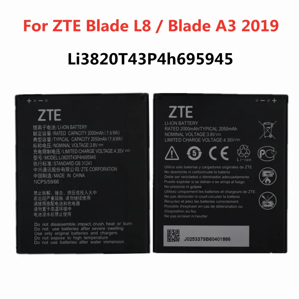 

Новый 100% Оригинальный аккумулятор для ZTE Blade L8 / Blade A3 2019 аккумулятор Li3820T43P4h695945 2050 мАч высококачественные батареи