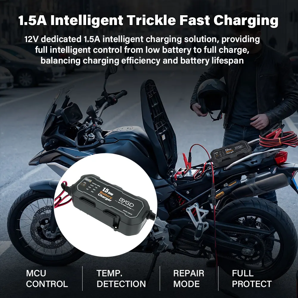 

Automatic 12V 1500mA Battery Trickle Charger - Smart Maintainer with LED Display for Motorcycle Car RV ATV and Marine Batteries