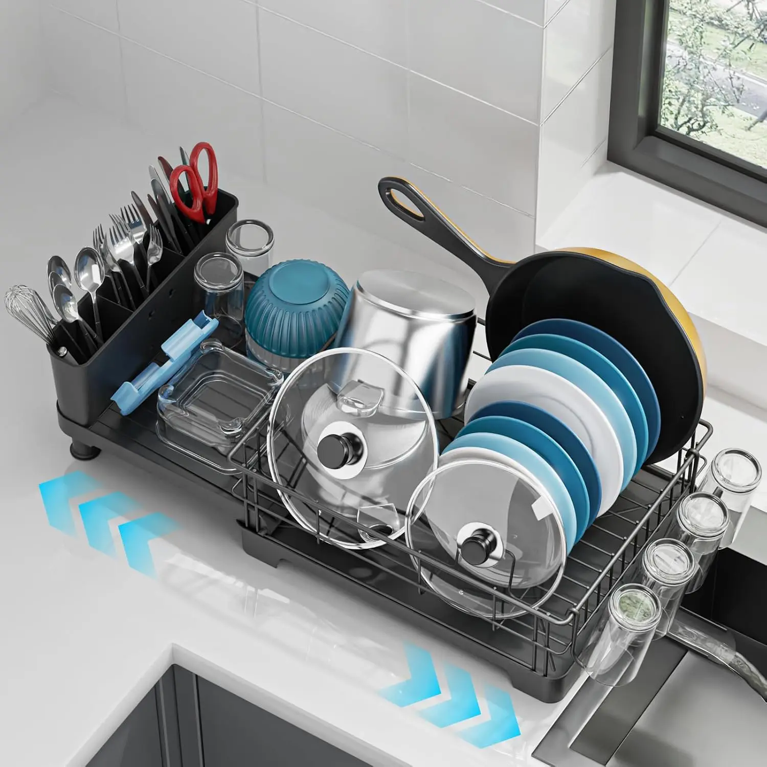 

Expandable Dish Drying Rack - Large Dish Racks for Kitchen Counter with Pan Slot, Anti-Rust Sink Dish Drainer with Drainboard an