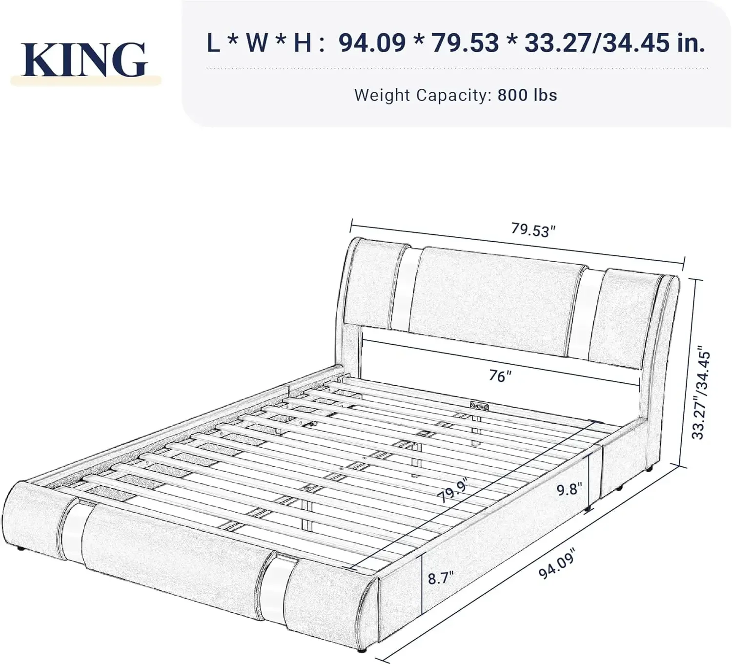 King Size Bed Frame with Iron Piece Decor, Faux Leather Upholstered Platform Bed with Curved Adjustable Headboard,