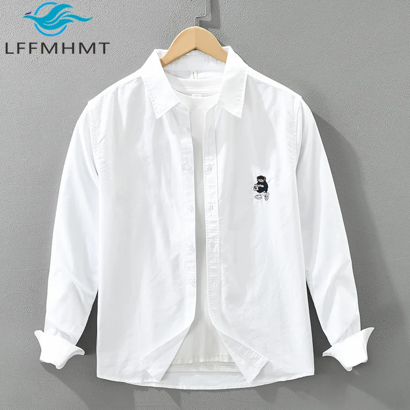 

7801, 100% хлопок, хорошее качество, свободная повседневная рубашка с длинным рукавом для мужчин, японский стиль, мультяшная вышивка, простая базовая блузка, топы