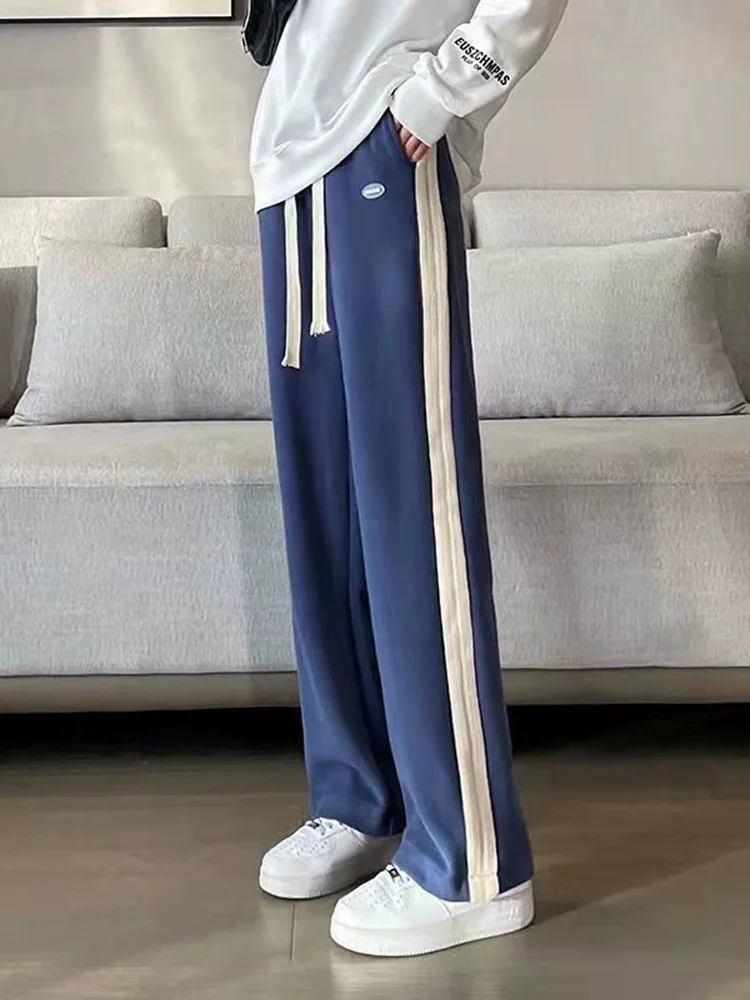 الجانب مخطط عالية الخصر مرونة الخصر السراويل المستقيمة الكورية موضة فضفاض واسعة الساق بنطلونات المرأة Sweatpants فضفاضة غير رسمية