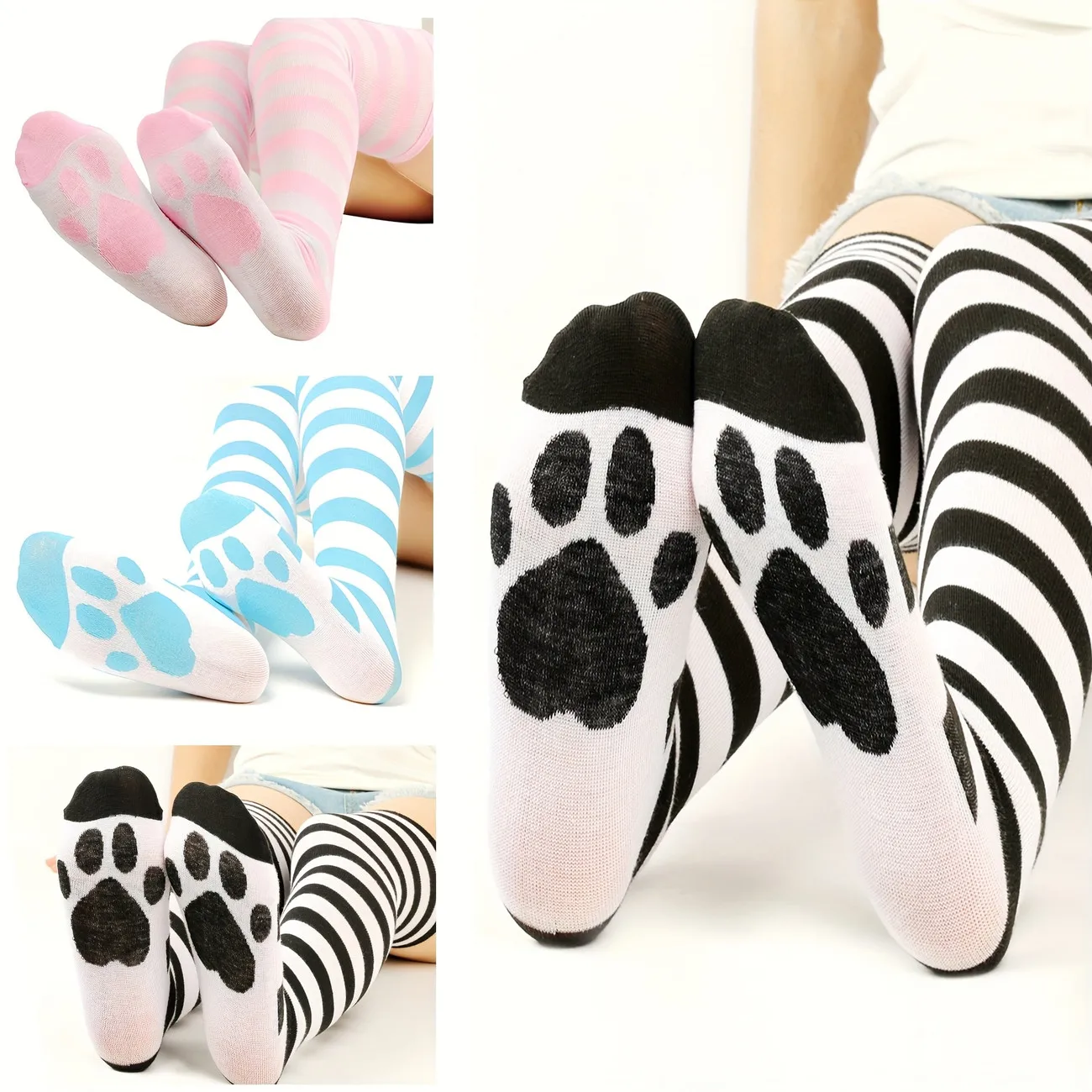 Gestreifte Overknee-Socken mit Katzenpfoten-Motiv für Damen, Oberschenkelhohe Strümpfe, niedliche, weiche Stretch-Strümpfe für Schule, Party, Cosplay – Detail 4