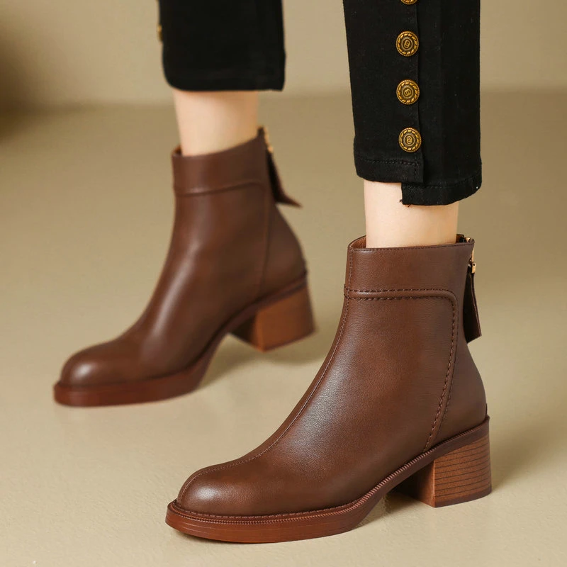 

2024 Women Ankle Boots Chelsea Winter Newest Genuine Leather Thick High Heels Working Leisure Shoes Woman Size 34-40