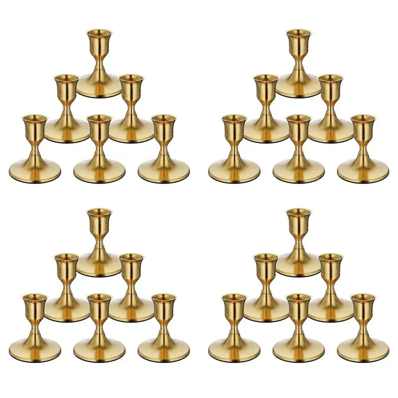 AS94-24PCS Brass Gold Taper Candle Holders, Vintage Metal Candlestick Holders For Dinner Room Table Centerpiece Or Mantel