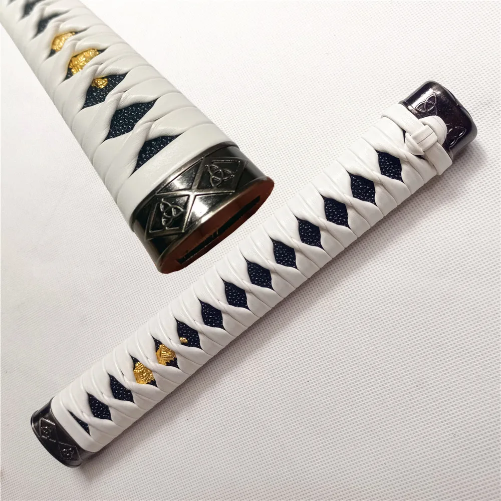 

27cm white Genuine Leather Tsuka Handle Menuki Fuchi Kashira Japanese Samurai Katana Sword DIY Parts Accessory