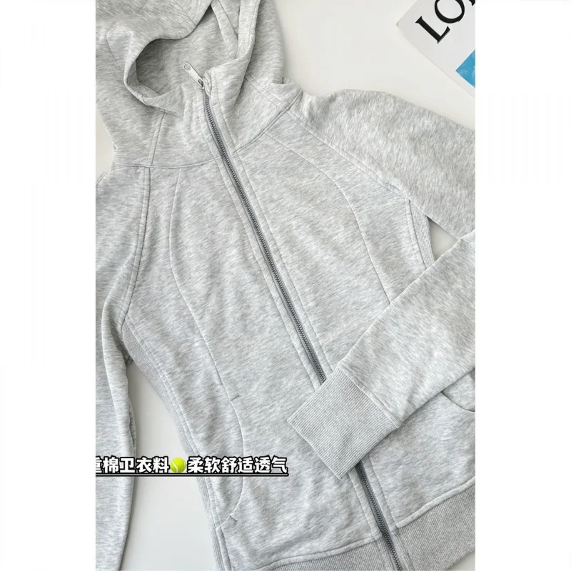Schmaler Mantel für Damen, 2025, Frühling und Herbst, graues Kapuzen-Sweatshirt, Frühherbst, neues Yoga-Wear-Sport-Top