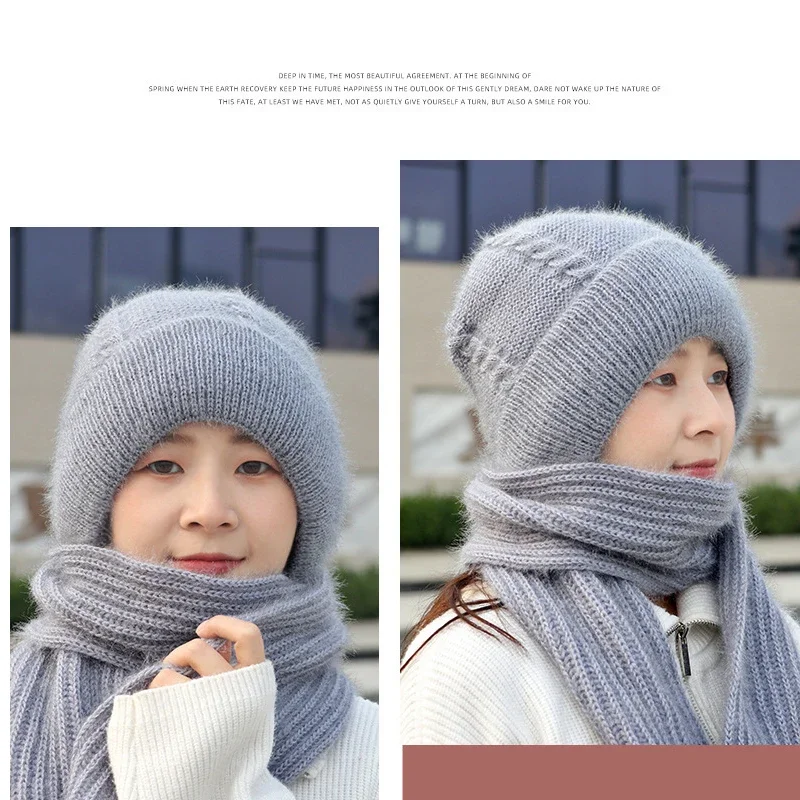 Fashion Lady Winter Knitted Warm Thickened Ear Protection Windproof Scarf Hat Ear Protection Hat Knitted Hats