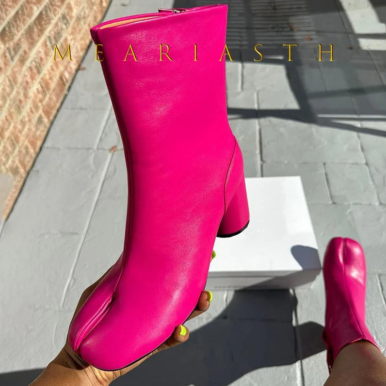 

rose leather Autumn Ankle Boots Chunky Heel Split Toe Shoes Button Design Loafer Blue Shoes Real Leather Women Mary Janes Tabis