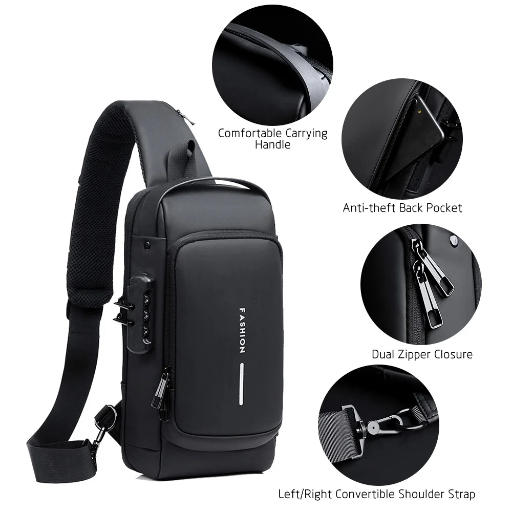 Men Sling Bag Pack with Lock Waterproof Anti-theft Chest Bag with USB Charging Port Shoulder Bag Crossbody Backpack