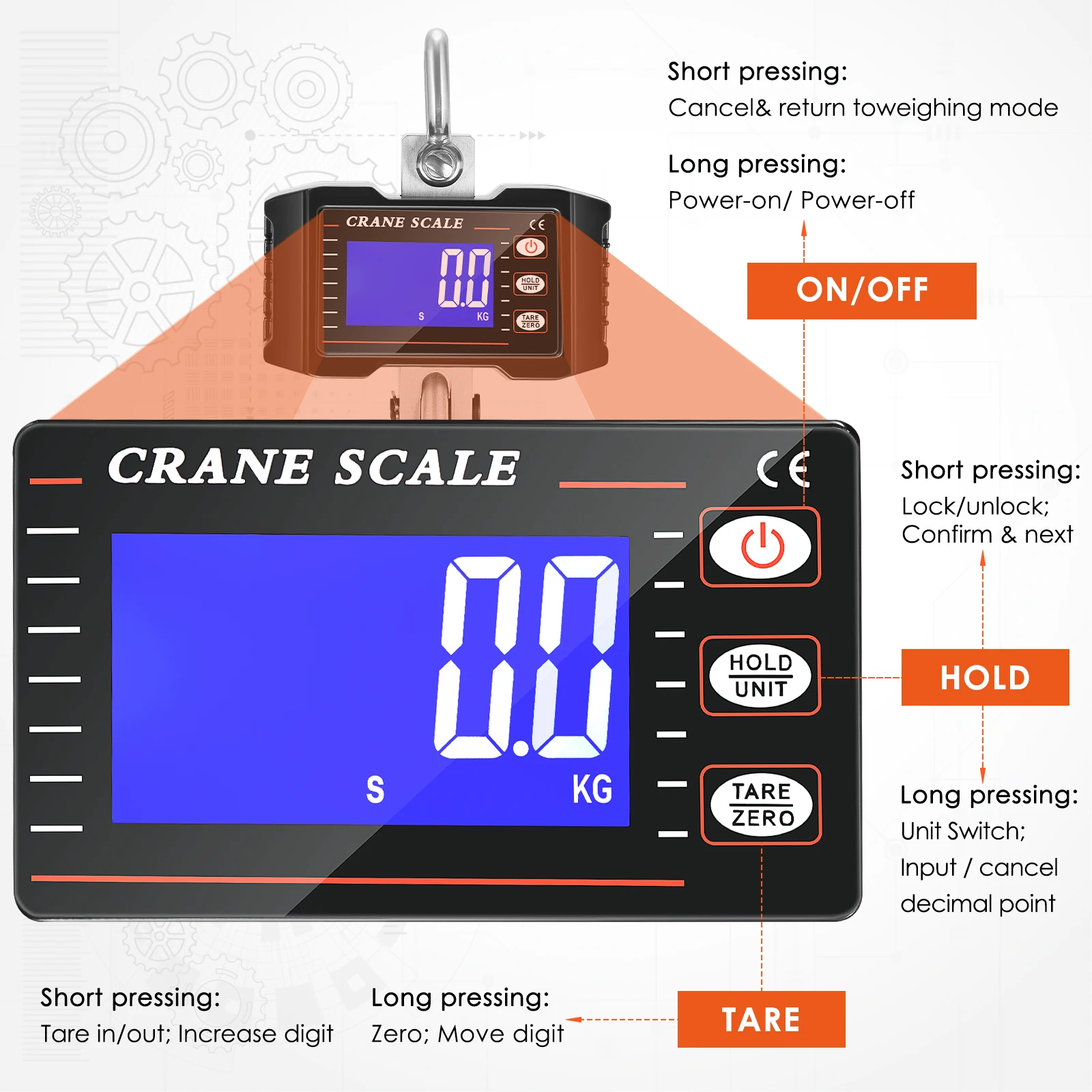 Hanging Crane Scale 1000kg 2200lbs LCD Backlight Digital Rechargeable Heavy Industrial Hanging Hook Scales with Remote Control