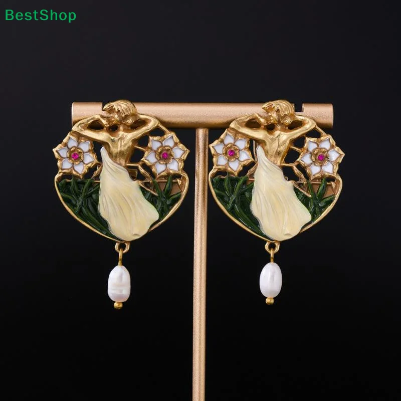 ❄ Pendientes Vintage Art Nouveau con Diseño Floral Esmaltado y Perla de Agua Dulce para Mujer