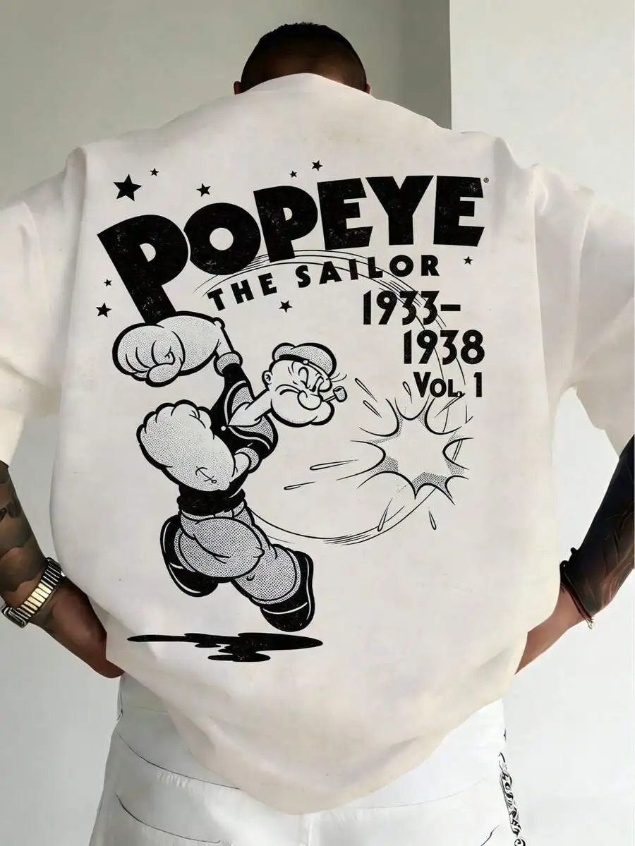 Vintage Cartoon Character Back Print Short Sleeve T-Shirt Men Plus Size Loose Fit Casual Top