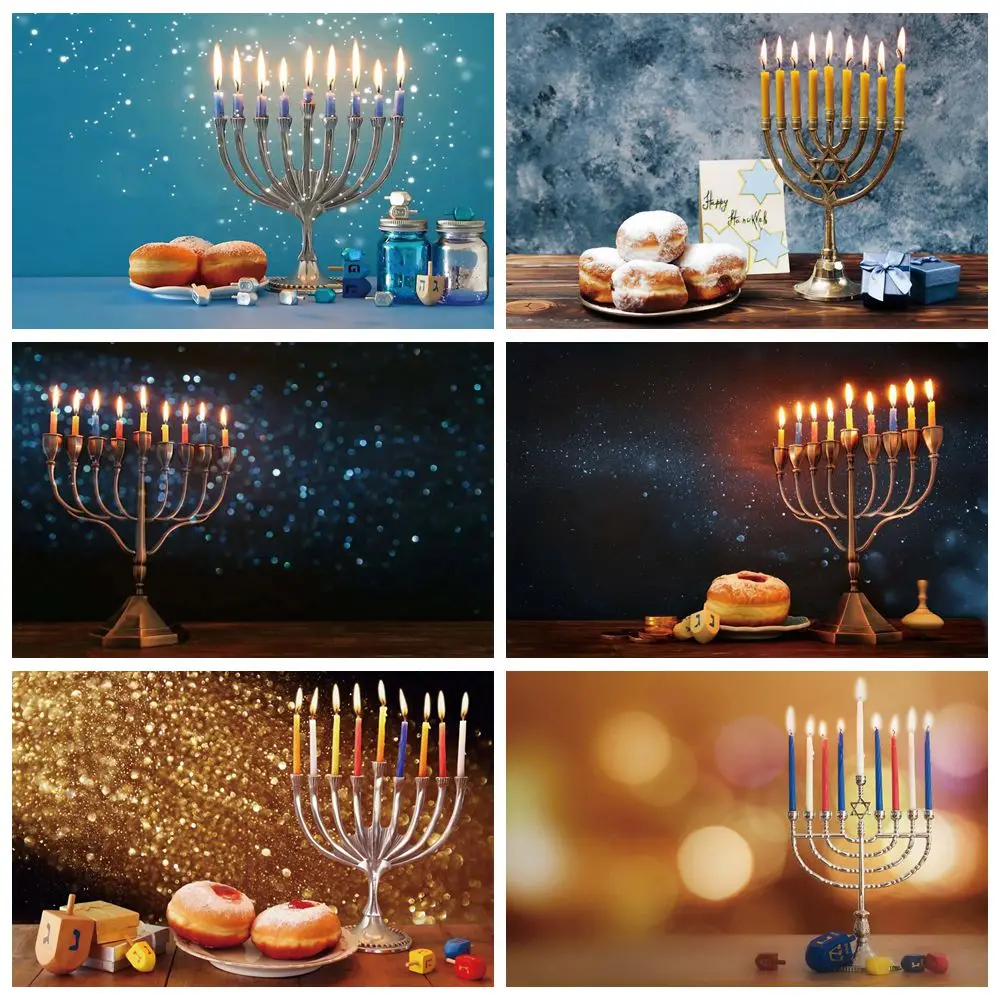 Happy Hanukkah Backdrop Menorah Glitter Bokeh Lights Jewish Chanukah Holiday Jewish Holy Festival Party Photography Background