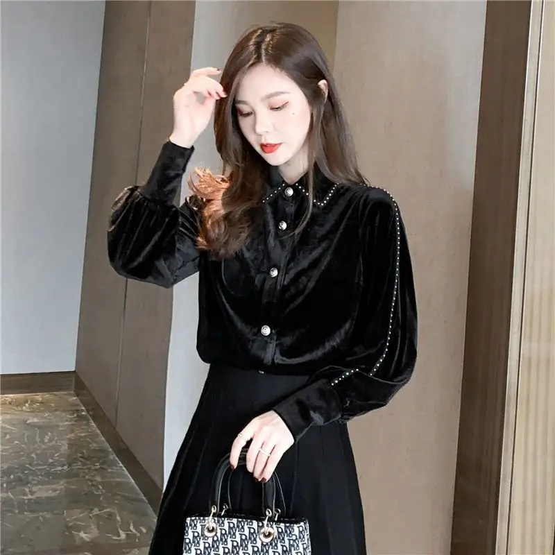 

Women's Velvet Shirt 2025 Winter Thick Warm Long Sleeve Blouse Tops TT117