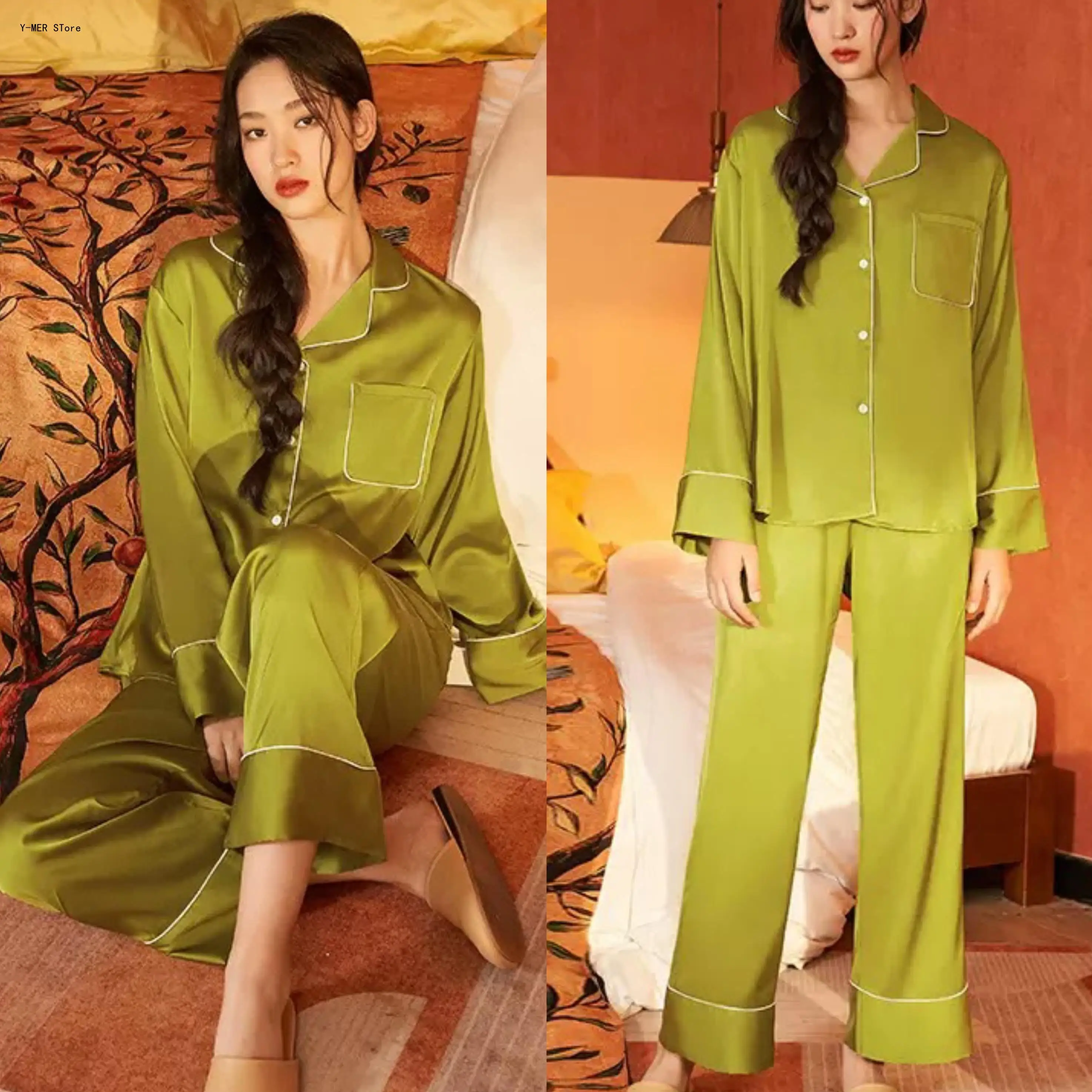 

Vintage Women Satin Chiffon Pajama Set Minimal Casual Long Sleeve Long Pants Elegant Ladies Home Loungewear Pijama Sleepwear