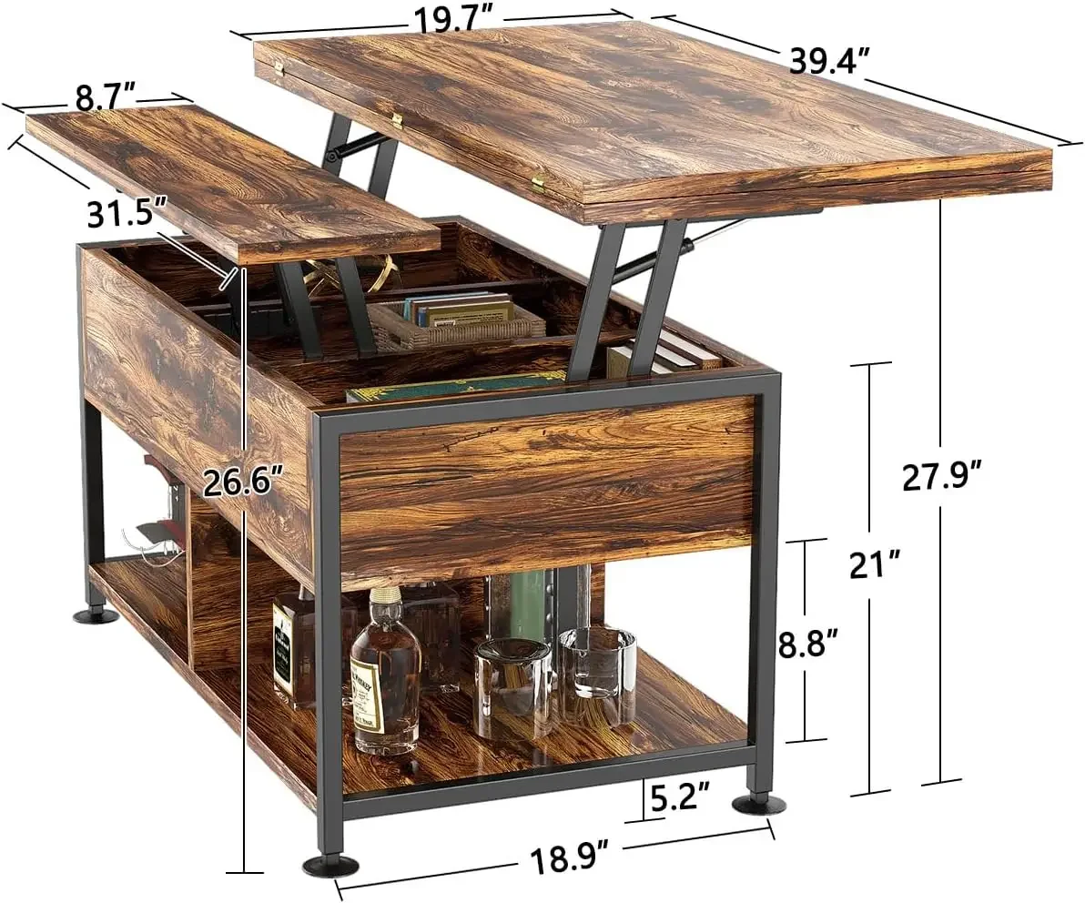 Table à manger convertible avec compartiment GNE, table basse relevable, marron rustique, bureau à domicile, 4 en 1, 40 po