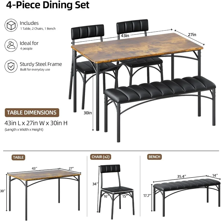Dining Table Set for 4 with Upholstered Seats, Rustic Brown Solid Wood Top, Scratch-Resistant Finish, Compact Design for Small