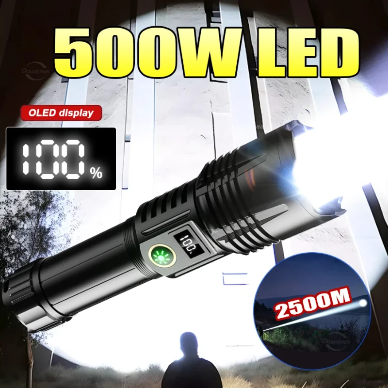 

2024 500W Super Bright Zoomable Flashlight 26650 Rechargeable LED Flashlights 2500M Camping Lantern Ultra Powerful Flashlight