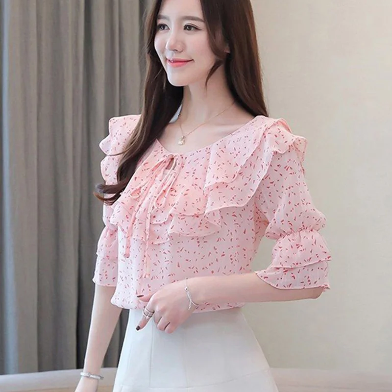 Sweet Loose Printed Spliced Folds Lace Up Bow Ruffles Blouse Female Clothing 2023 Summer New Casual Pullovers Office Lady Shirt