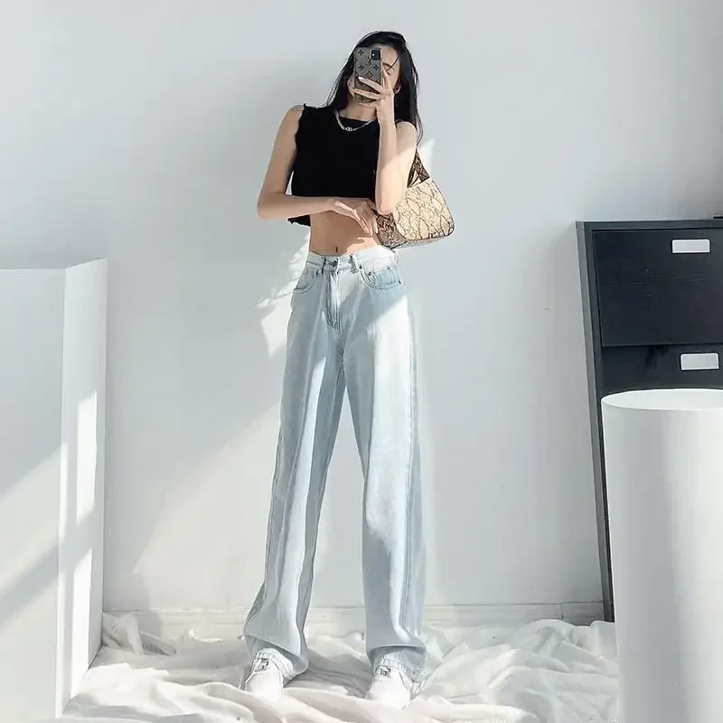 

Wide Leg Cowboy Pants for Woman Light Blue Loosefit Women's Jeans 2025 Fashion Chic and Elegant Medium Wash Trousers E8912