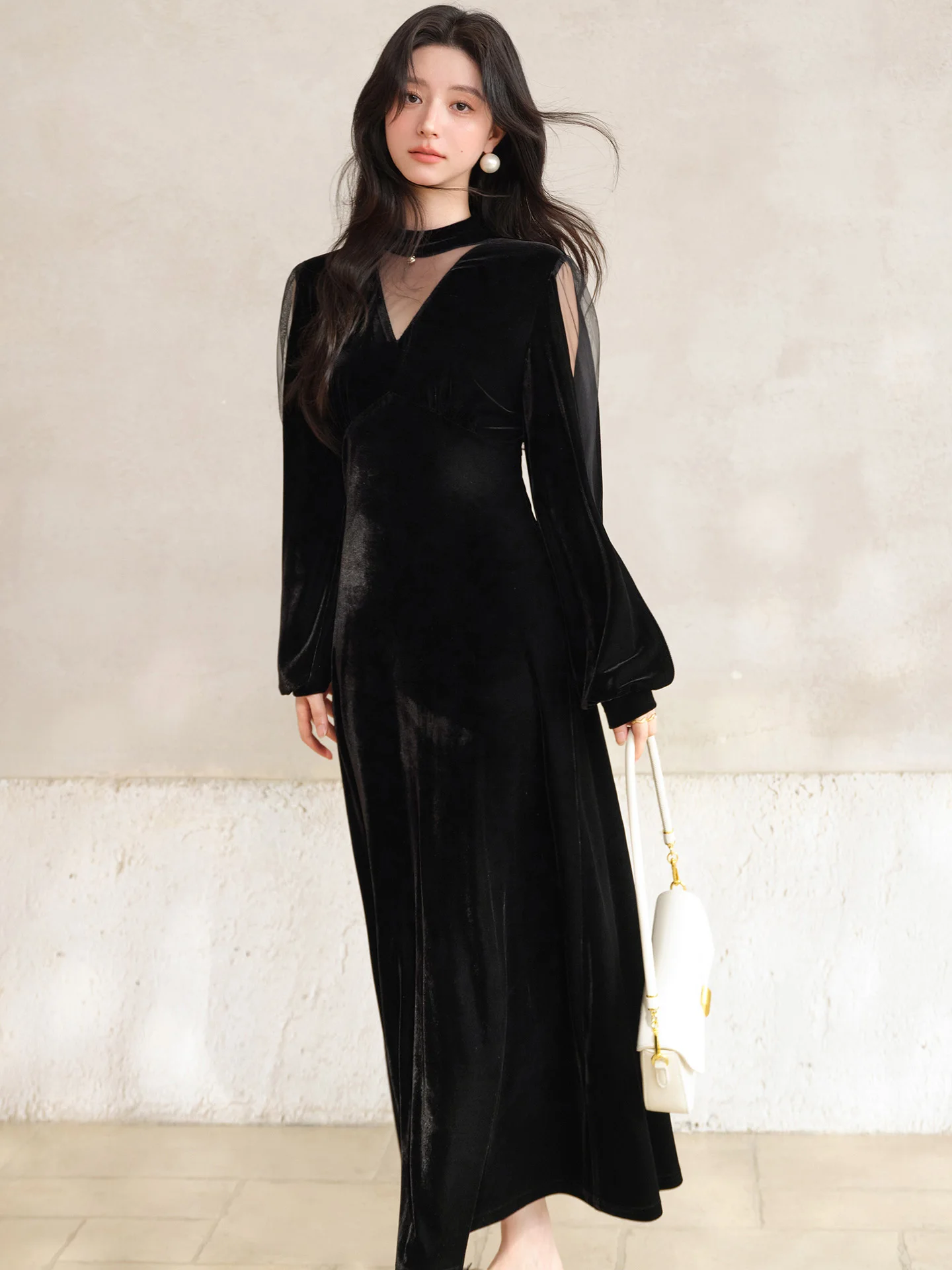 Samt-Maxikleid für Damen, elegant, V-Ausschnitt, Netzkleid, schmale Passform, Frühlings-Langarmkleid, schickes Abend-Outfit für den täglichen Anlass