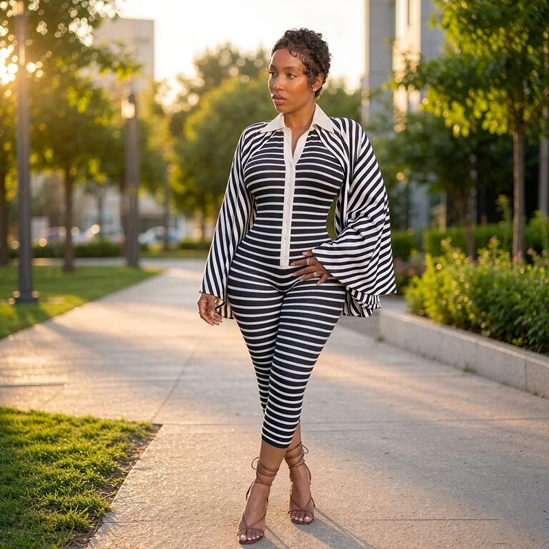 Stripes Print Skinny Calf Length Jumpsuits Women Trend Turn Down Collar Big Flare Sleeve Single Breasted Booty Lifting Overalls