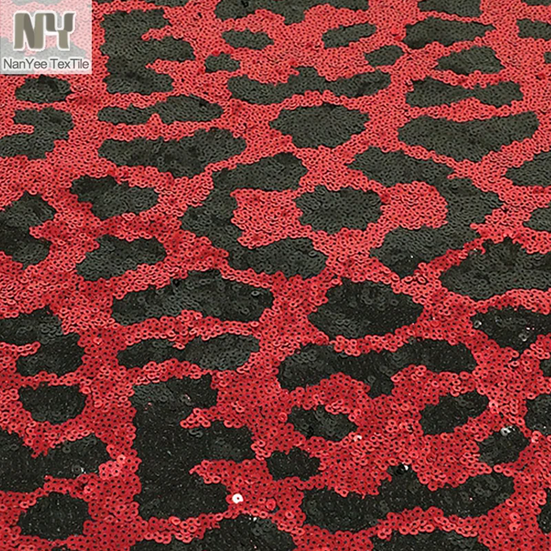 5mm preto + vermelho plano sobreposto bordado leopardo lantejoulas tecidos estampas animais lantejoulas tecido de malha para vestido jaqueta