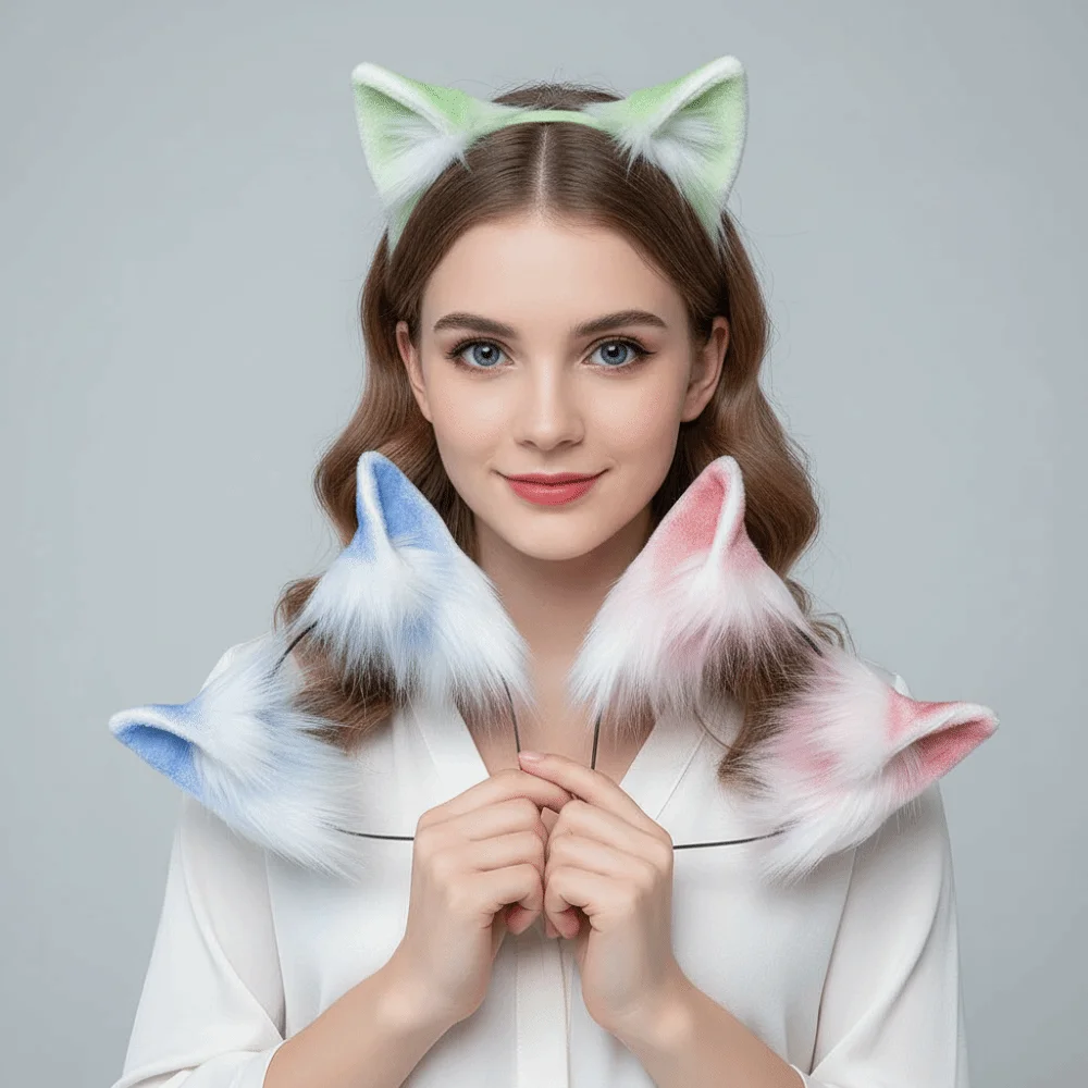 Gradient Color Faux Fur Cat Ears Flexible Lightweight Cosplay Ears Hair Hoop Fluffy Realistic Texture Comfortable