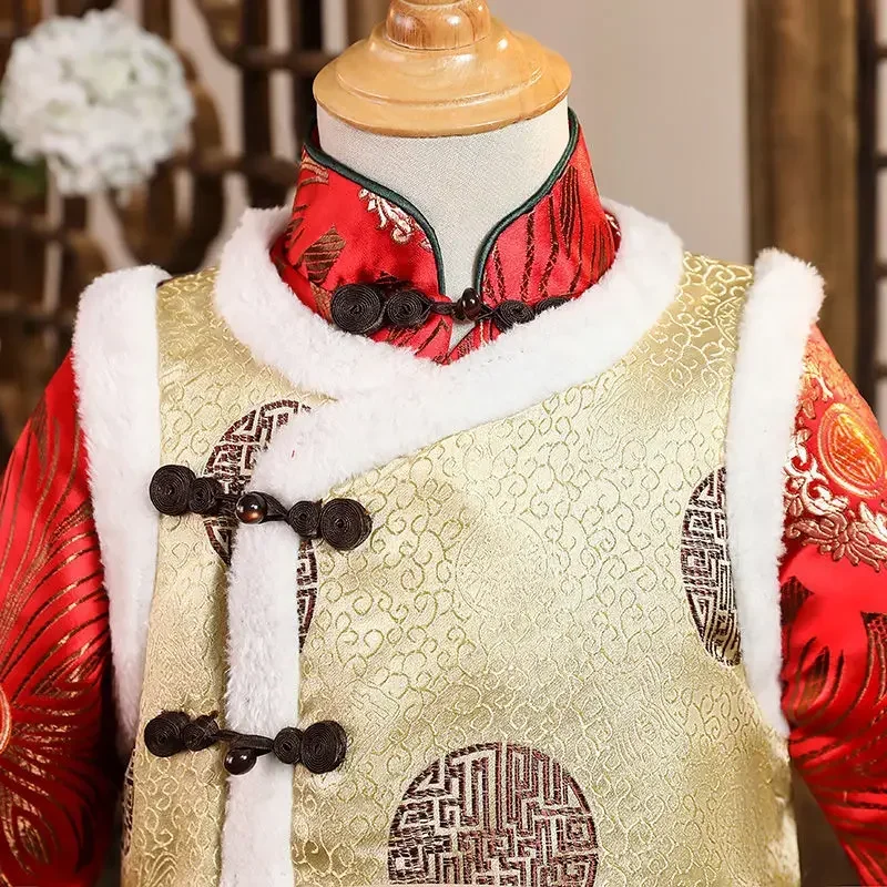 2024 Traditionele Chinese Nieuwjaar Rode Tang Pak Jongen Kids Baby Robe Vest Pak Kawaii Vintage Borduurwerk Kostuums Verjaardagscadeaus