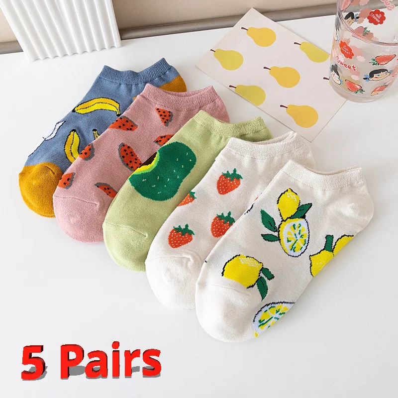 5 Pairs Of Womens Funny Socks Spring And Autumn Fruit Socks Avocado Lemon Strawberry Banana Harajuku Casual Boat Socks