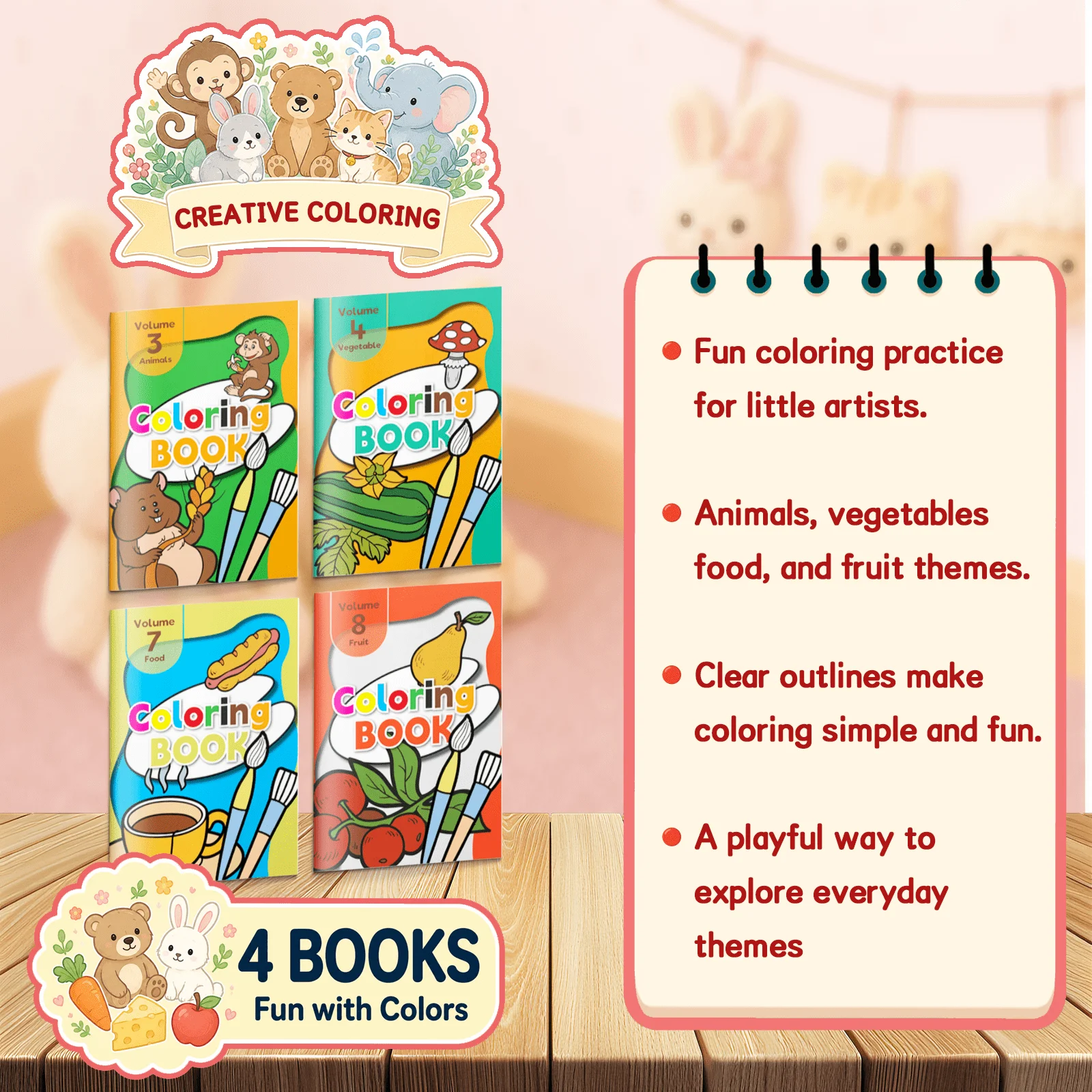 4-Piece Fruit, Vegetable, Food and Animal Coloring Activity Collection, Early Learning Coloring Set with Simple Everyday