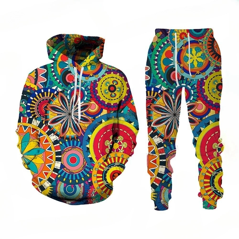 Autumn Winter Men Tracksuit Set Vintage African Style Totem Print Hoodie 2 Piece Man Oversized Casual Hooded Pullover Pants Suit