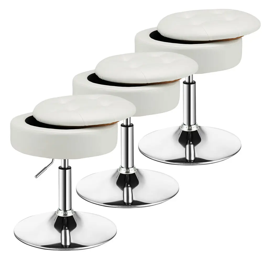 Costway Set of 3 Adjustable Vanity Stool 360° Swivel Storage Makeup Chair w/ Tray White