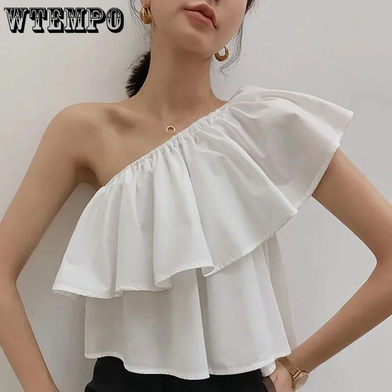 Sweet Off Shoulder Ruffled Top Women White Short T-shirt High Waist Navel Expose Sexy Desire Sleeveless Sloping Shoulder Summer