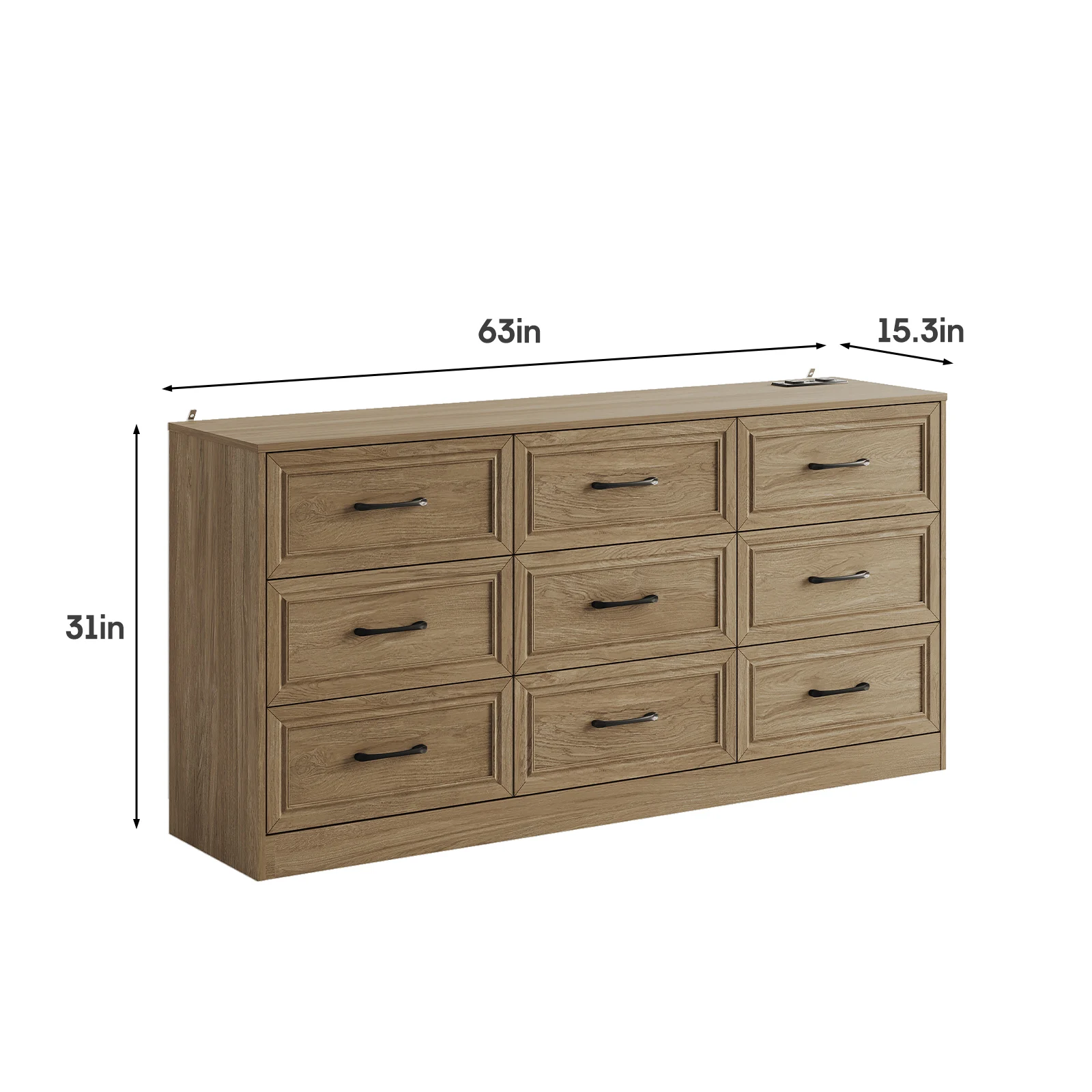 Bedroom 9 Drawer Dresser with Power Outlet&Metal Handles Chest of Drawers Storage Organizer for Hallway