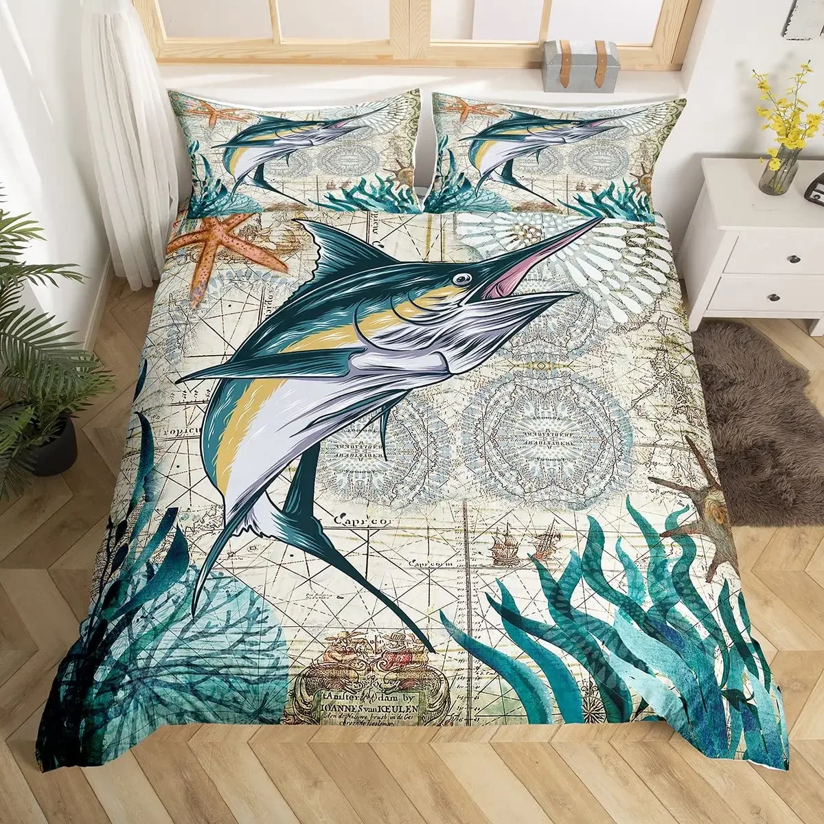 Marlin Swordfish Duvet Cover Set Hunting Fishing Bedding Set Tie Dye Sea Fishing Boat Marine Life Nautical Comforter Cover Queen