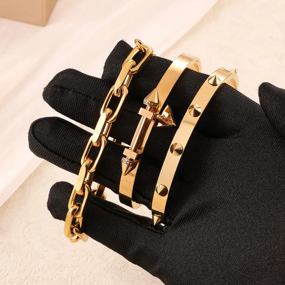 Neutraler Stil, Punk-Mode, Titanstahl-Nieten-Armband-Set – wasserdichter Schmuck für den täglichen Gebrauch für Damen und Herren – Detail 6