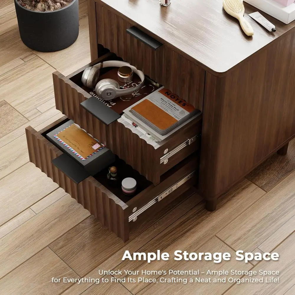 منضدة مخددة مع قاعدة شحن، طاولة بجانب السرير للتخزين متعددة الوظائف بثلاثة أدراج، منضدة حديثة من الخشب الصلب، P منحني