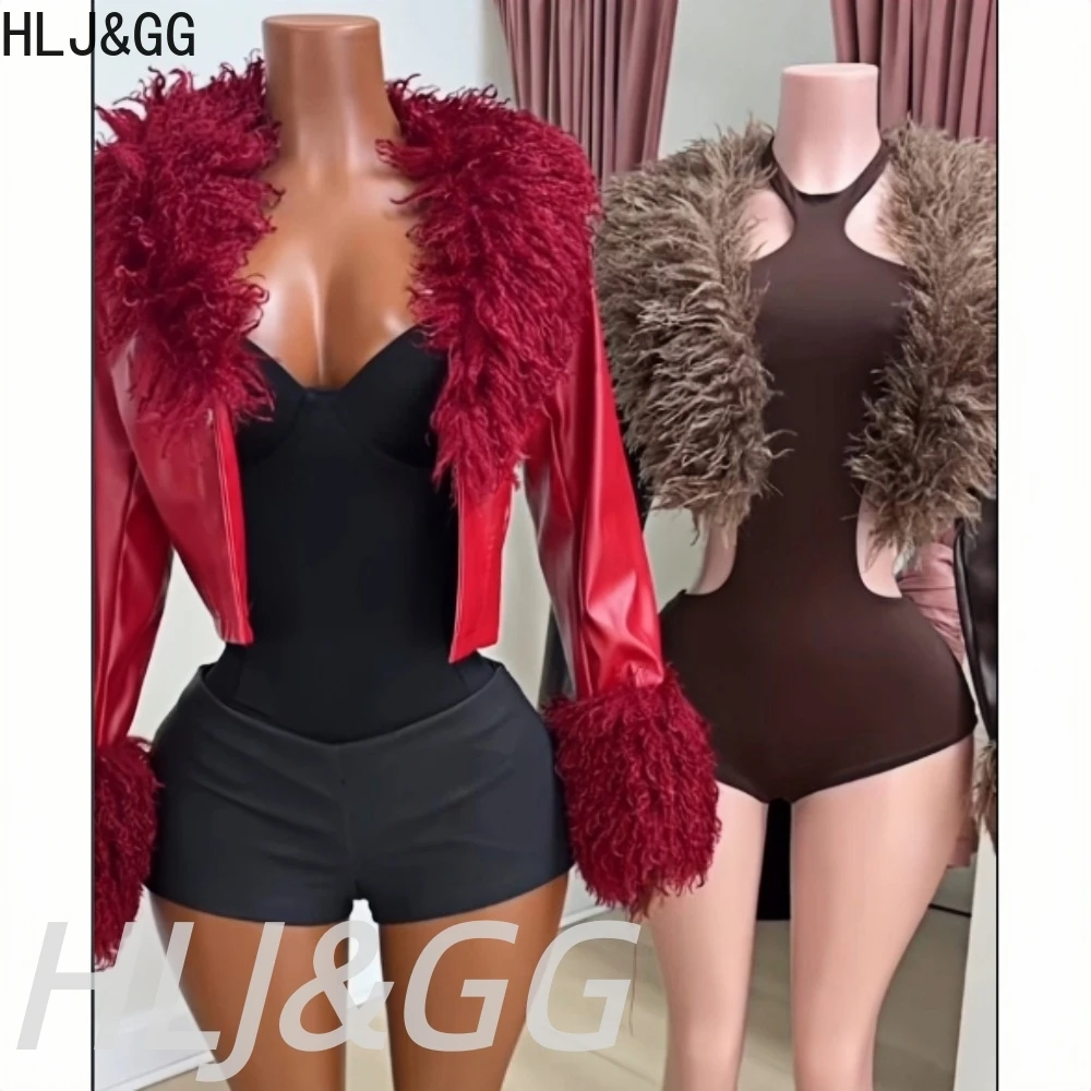 

HLJ&GG Fashion Trend Fur Patchwork Leather Jacket Two Piece Sets Women Long Sleeve Top And Shorts Outfits Outfits Y2K Streetwear